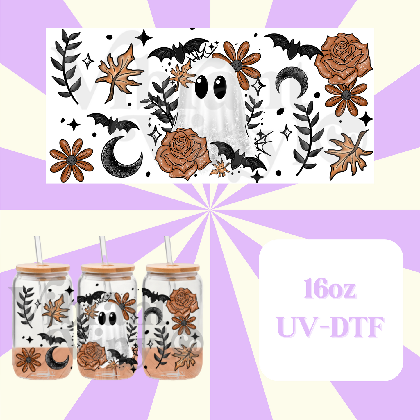 Orange Floral Ghost 16oz UV DTF Wrap